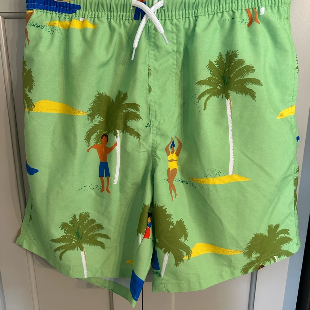 Mens Asos swim trunks green Hawaiian palm tree print small mesh liner